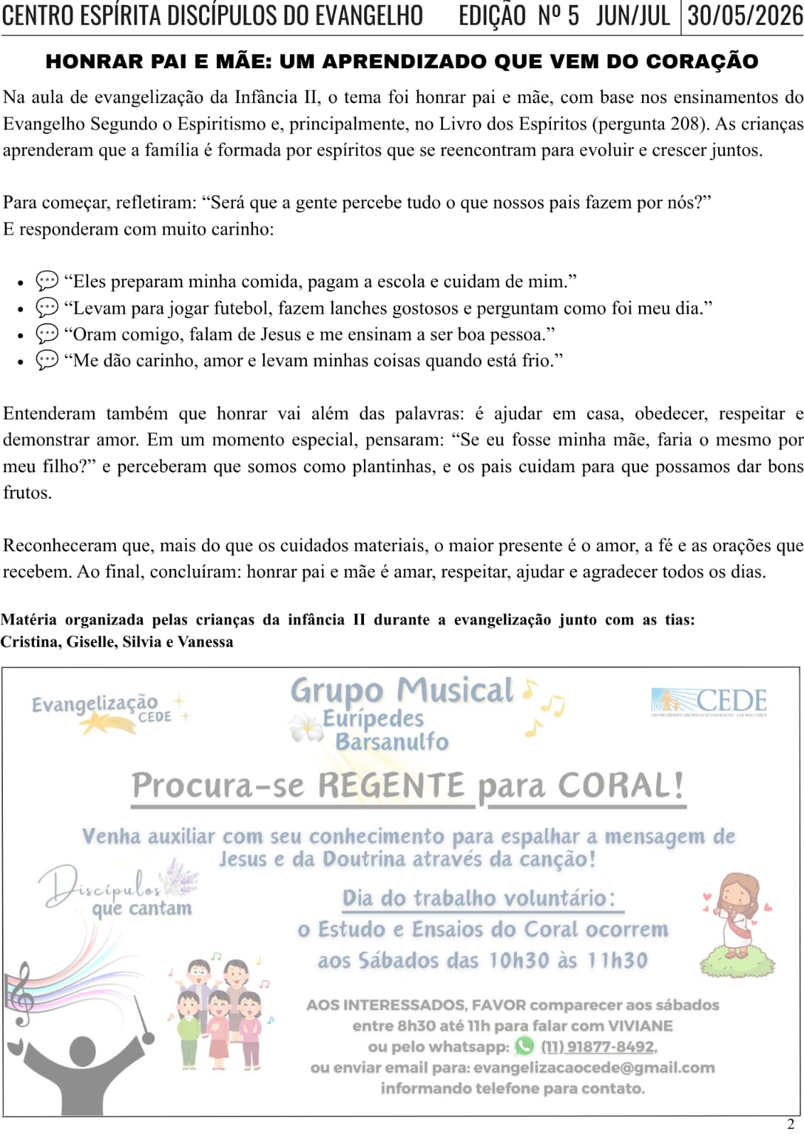 Honrar pai e mãe / Regente para o Coral