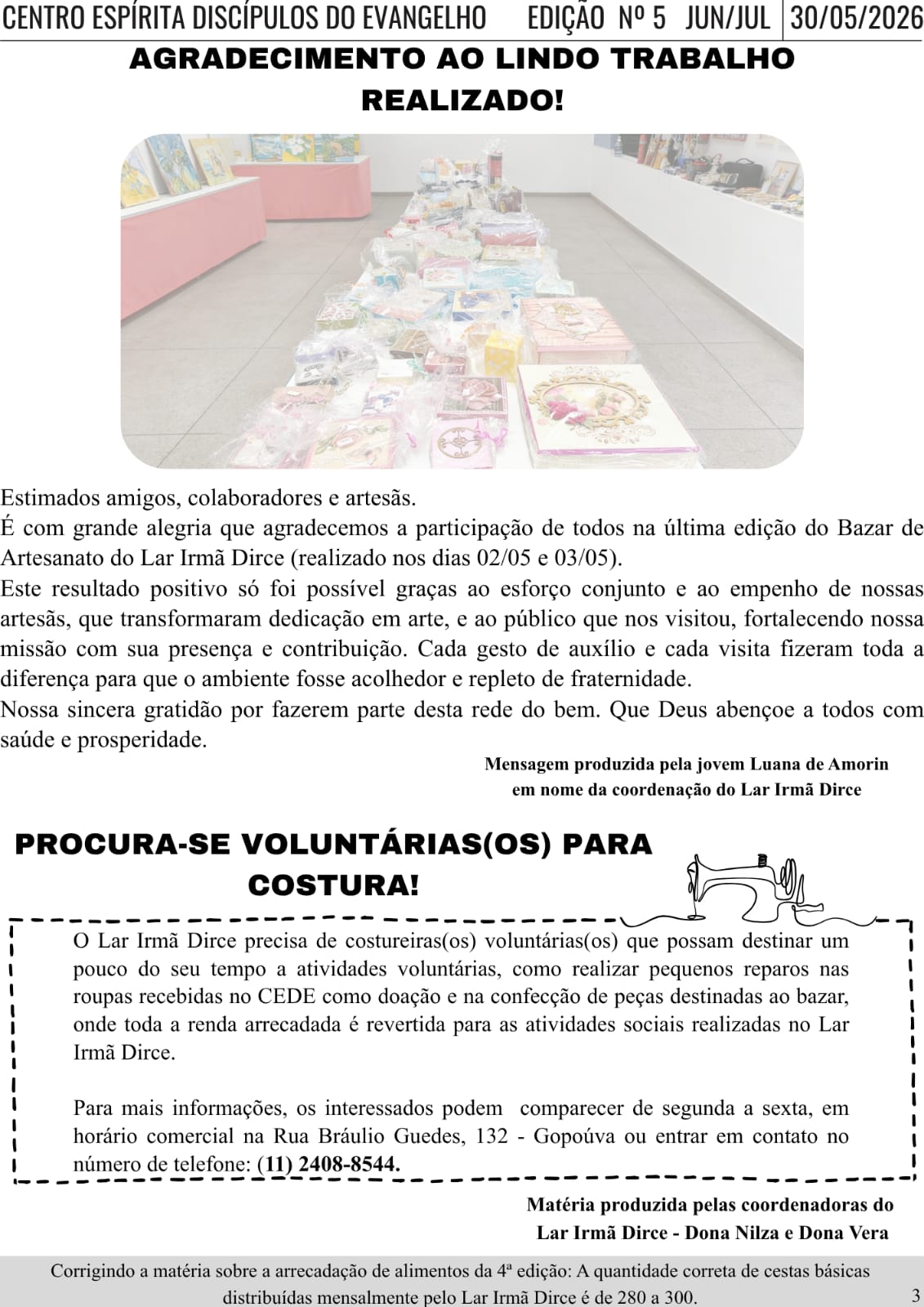 Lar Irmã Dirce / voluntários para costura